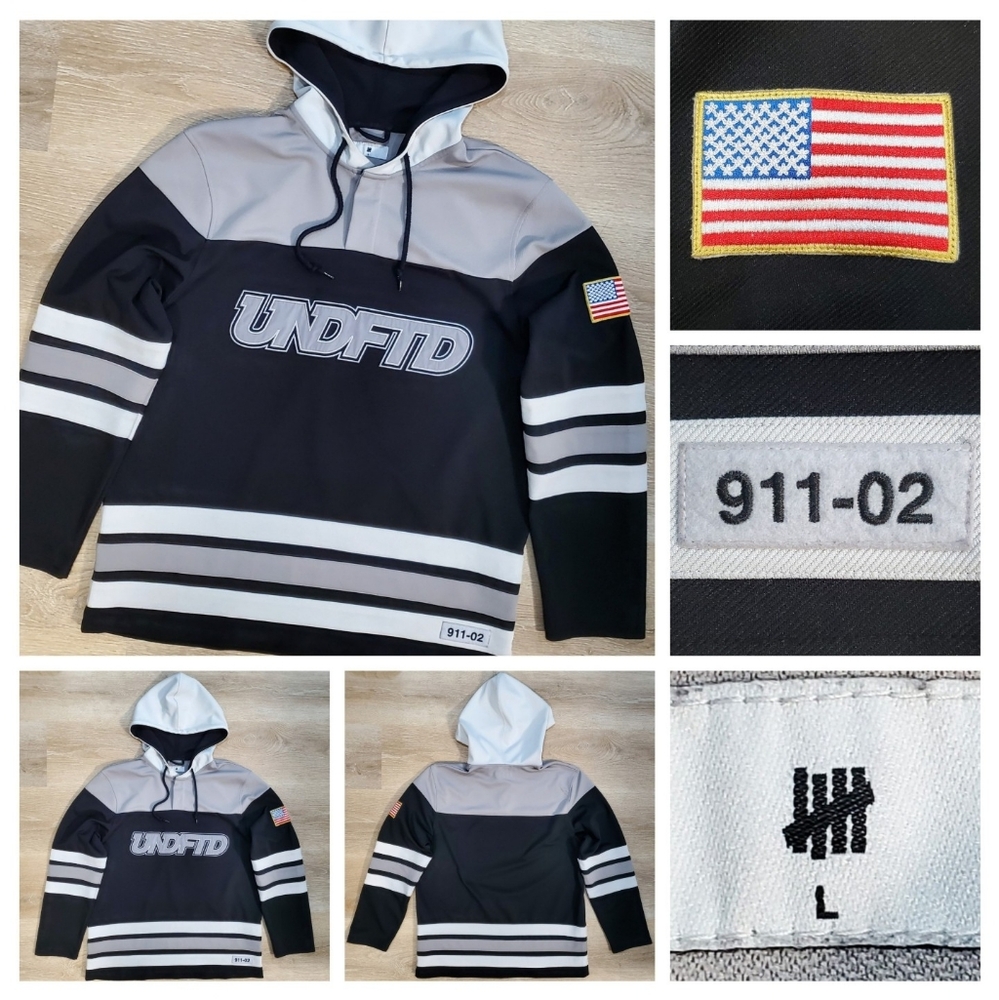 UNDEFEATED Black Grey Hockey Jersey Men's L Hoodie Pre-Owned EUC Rare UNDFTD
